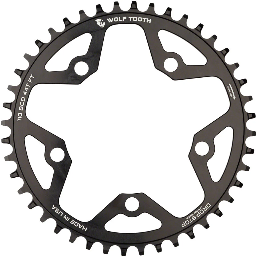 Wolf Tooth 110 BCD Cyclocross Road Chainring - 44t 110 BCD 5-Bolt Drop-Stop 10/11/12-Speed Eagle Flattop Compatible BLK - Image 2
